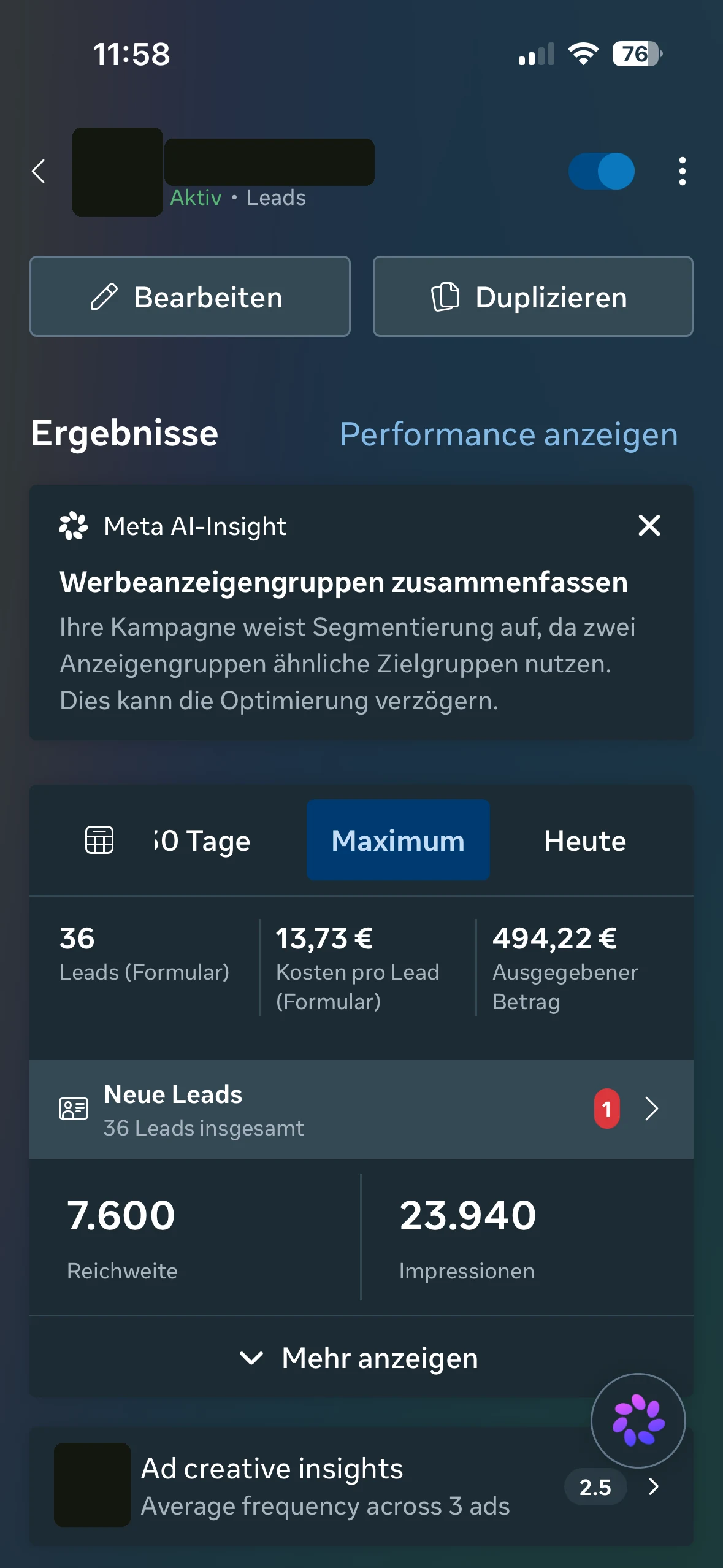 Screenshot aus dem Meta-Werbeanzeigenmanager: 36 Leads, 13,73 Euro Kosten pro Lead, 494,22 Euro ausgegeben, 7.600 Reichweite, 23.940 Impressionen