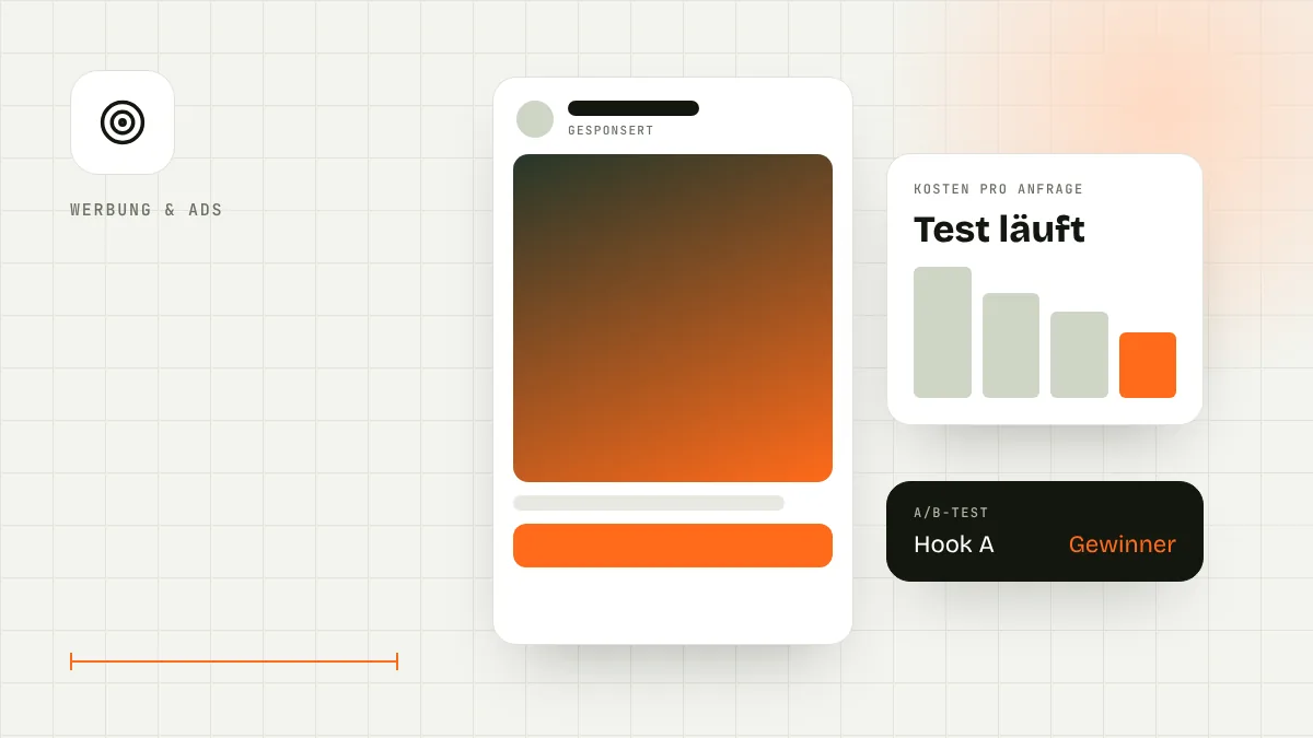 Illustration: Gesponserte Social-Media-Anzeige, Diagramm zu Kosten pro Anfrage und A/B-Test