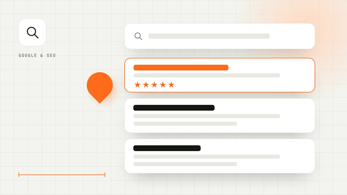 Illustration: Google-Suchergebnisse mit hervorgehobenem Eintrag, Bewertungssternen und Kartenpin