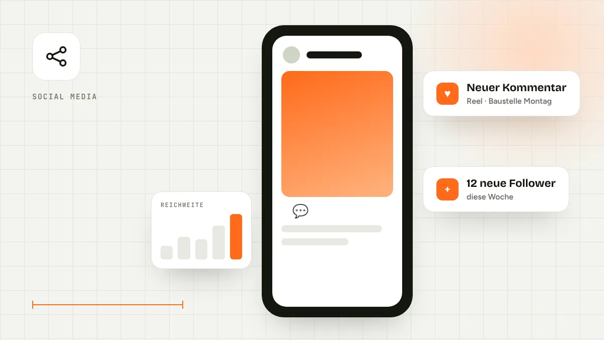 Illustration: Smartphone mit Social-Media-Beitrag, Benachrichtigungen und Reichweiten-Diagramm