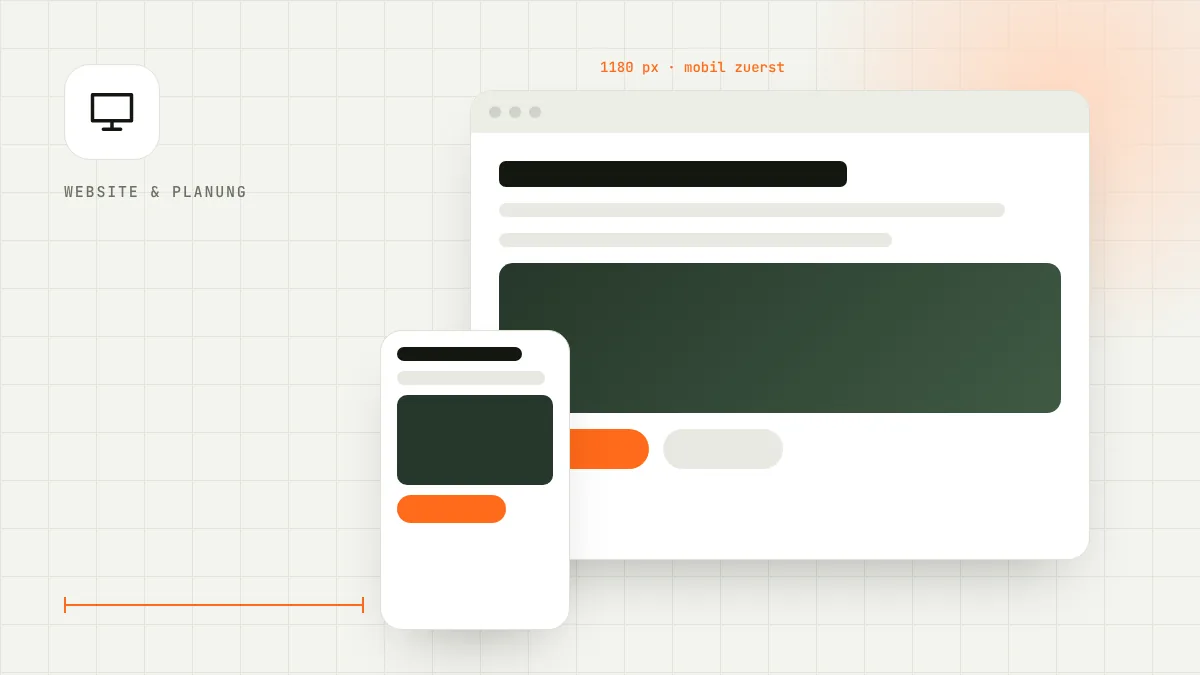 Illustration: Website-Entwurf im Browser und auf dem Smartphone mit klarer Struktur und Anfrage-Button